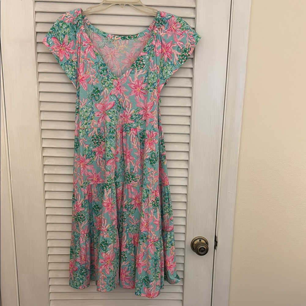 Lilly Pulitzer 100% Cotton Pink and Green Flutter Sleeve Sundress
